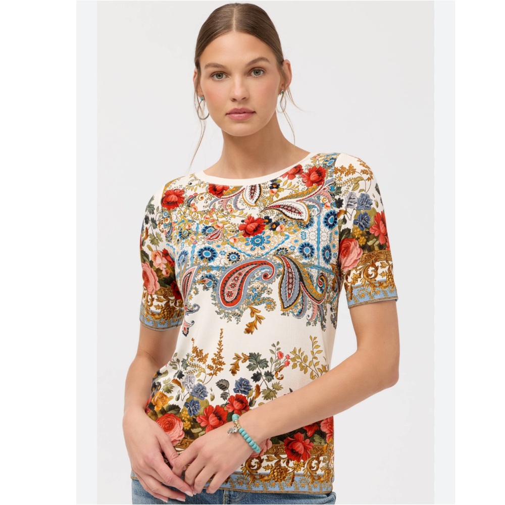 Floral Paisley Short-Sleeve Top in Cream and Multicolor
